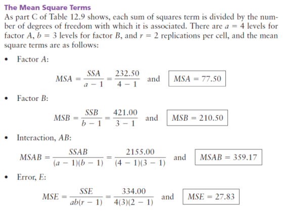 The Mean Square Terms As part C of Table 12.9 shows, each sum of squares term is divided by the num ber of degrees of freedom