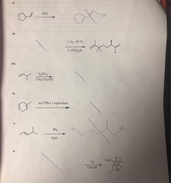vi. HCl el vii. 1. 03-78 °C 2. (CH3)S vii. H2SO4 CH3CH2OH ix. m-CPBA 1 equivalent x. Br2 H20 xi. Clb CH3OH