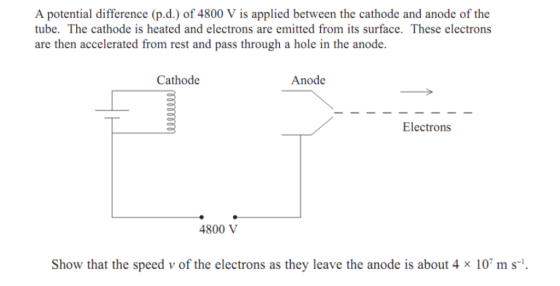 A potential difference (p.d.) of 4800 V is applied between the cathode and anode of the tube. The cathode is heated and elect
