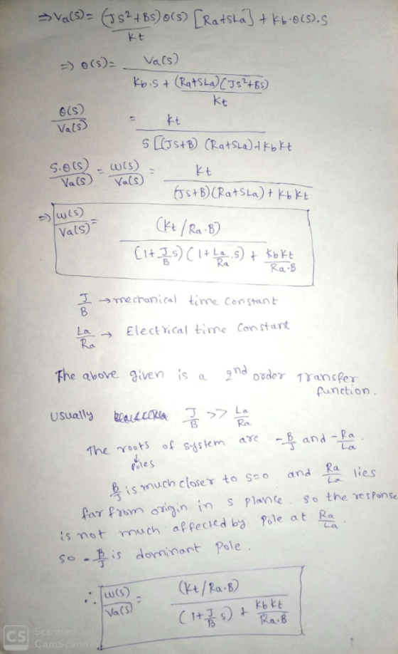 e(s): Vals) o(s) kt Vals)。 工→mechanical time Constant L → Electrical time Con start Ra The above given is a2nd oader Transper