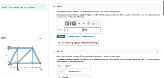 Part A Set Pi -6 kN and P2 11 kN. (Figure 1) Determine the force in member AB, and state if the member is in tension or compr