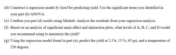 (d) Construct a regression model by hand for predicting yield. Use the significant terms you identified in your part (b) ANOV