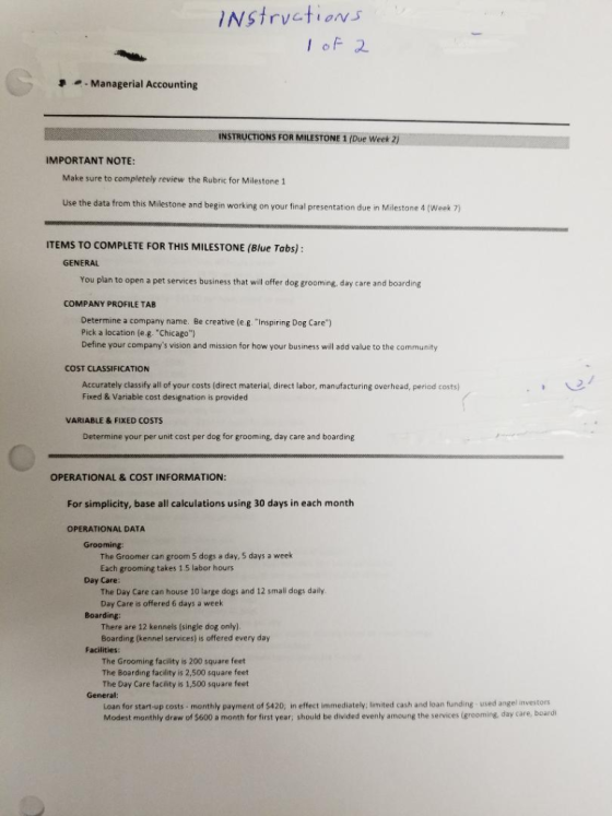 . Managerial Accounting INSTRUCTIONS FOR MILESTONE 1 (Due Week 2) IMPORTANT NOTE Make sure to completely review the Rubric fo