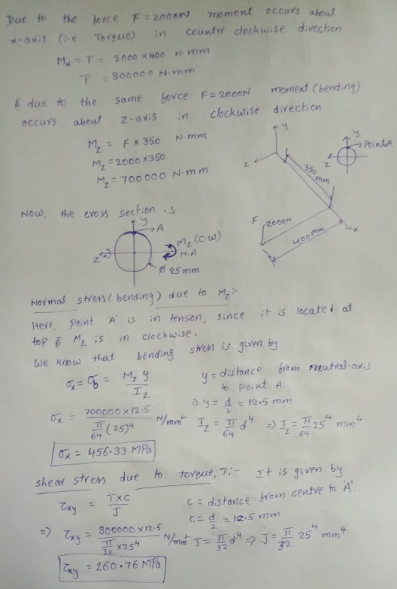 Dur to occuYs abrut the moment doYCe F:2000 counter clockwise divechon (ve Toveue) in x-axis NYI M T 2000 x400 800000 N.mm mo