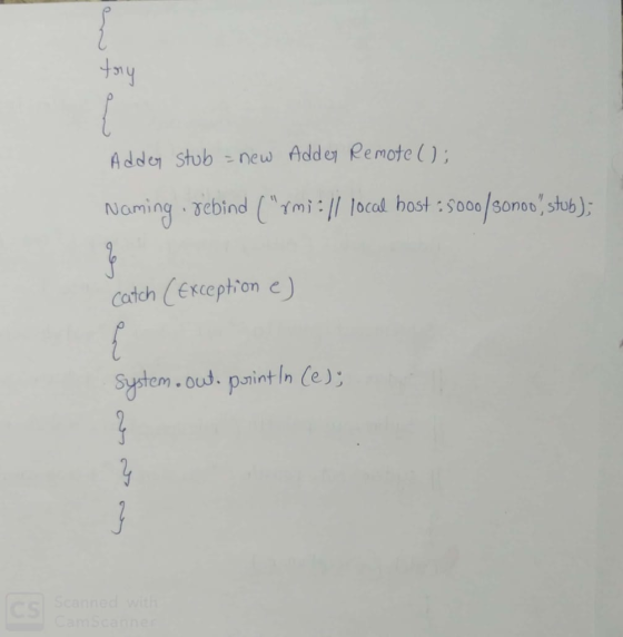 Addej Stub -new Addej Remote() Noming gebindm locl host : $sooo/ sono,sub) Catch (Exception c System.od. ponint In (e)
