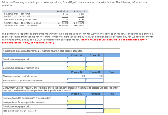 Edgerron Company is able to produce two products, G and B, with the same machine in its factory. The following information is