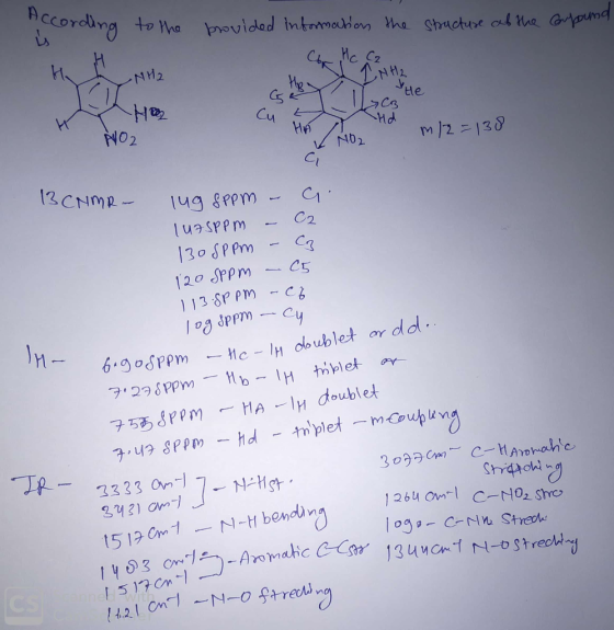 Accordlng to ha povided tntrmahon he Structure ah he Grpumd H Cz NH2 te Cu Hd NO2 M/2 =138 Nb2 13 CNMR C 149 8PPm C2 Ca 130 S