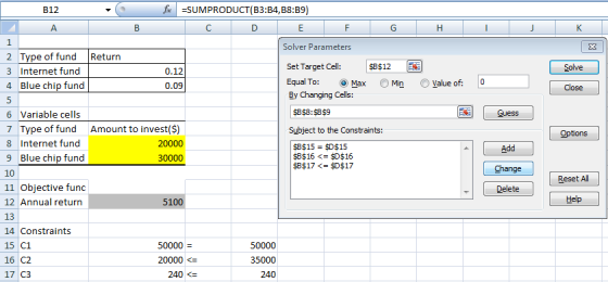 SUMPRODUCT(B3:B4,B8:B9) B12 Solver Parameters Set Target Cell: Equal To: o Max By Changing Cells: 2 Type of fund Return 3 Int