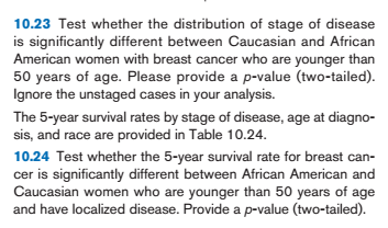 10.23 Test whether the distribution of stage of disease is significantly different between Caucasian and African American wom