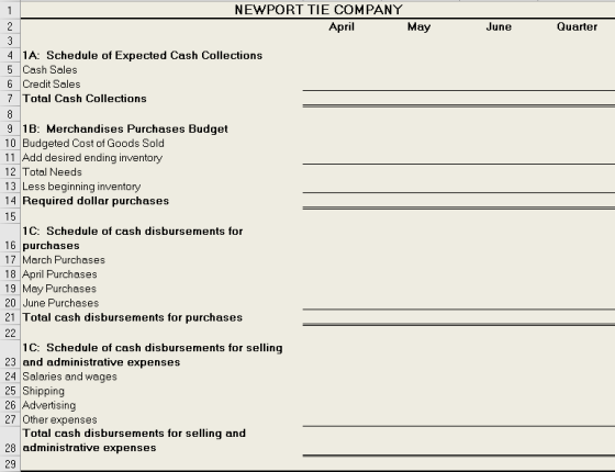 NEWPORT TIE COMPANY April May June Quartei 41A: Schedule of Expected Cash Collections 5 Cash Sales 6 Credit Sales 7 Total Cas