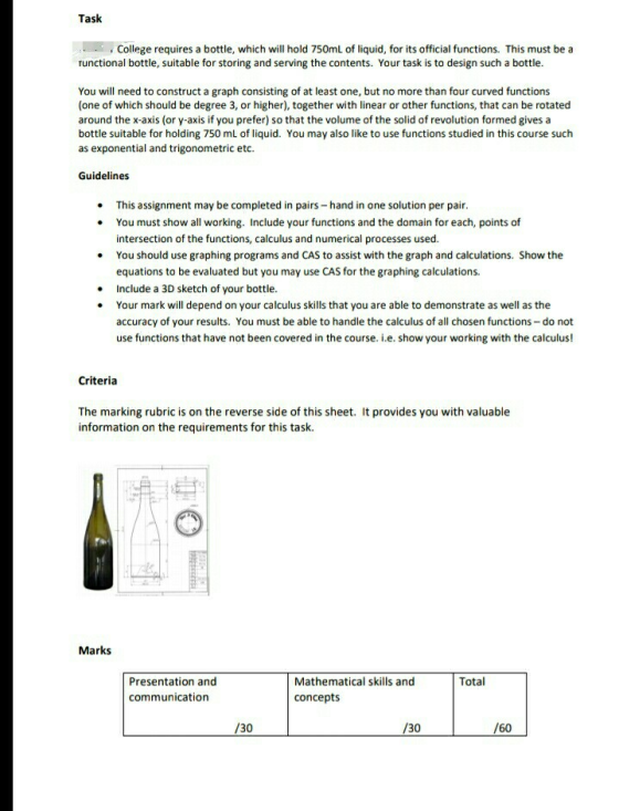 Task College requires a bottle, which will hold 750mL of liquid, for its official functions. This must be a runctional bottle