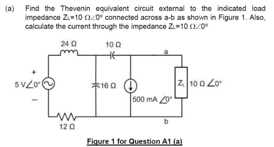 (a) Find the Thevenin equivalent circuit external to the indicated load impedance ZL=10 2Z0° connected across a-b as shown in