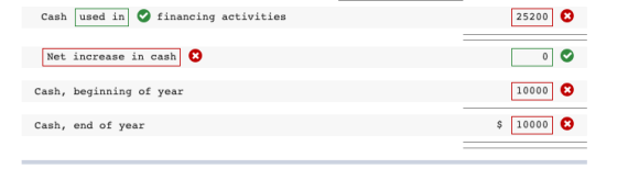 Cash used in financing activities 252001 Net increase in cash 10000 Cash, beginning of year $10000 Cash, end of year
