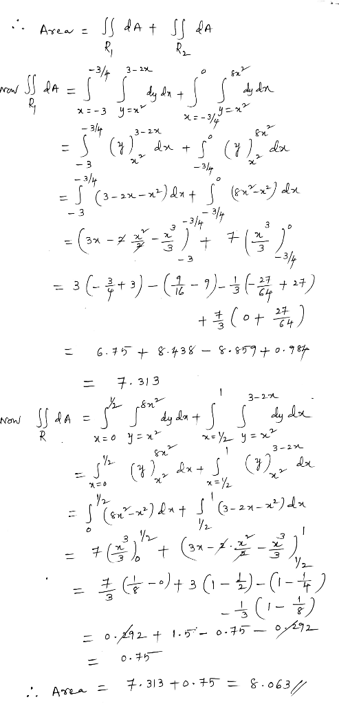 Area R. 3/4 3 2 dy An タニ - 3/4 2x + - 3 -3/ - 3/4 = (3-2-) ). + - 3 3 - (pM - 3 +3 - &.5 o.78 G. 75 g.438 11 7. 313 1 3-27L &