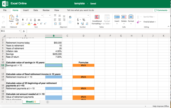 Excel Online template Saved File Home Insert Data Review View Tell me what you want to do Comments 二鹊 Sort&Filter s-% 9 %9 Fo