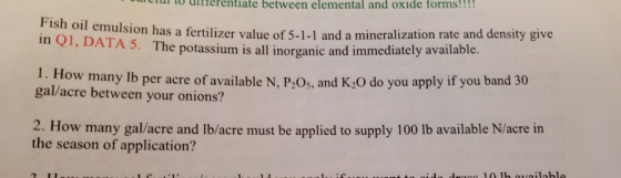 to difierentiate between elemental and oxide forms!!!! Fish oil emulsion has a fertilizer value of 5-1-1 and a mineralization