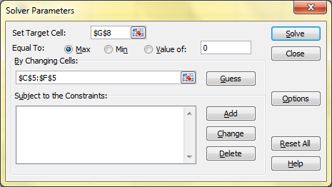 Solver Parameters Set Target Cell: $G$8 Solve Equal To: MaxO Min yalue of 0 Close $C$5:$F$5 Guess Subject to the Constraints: