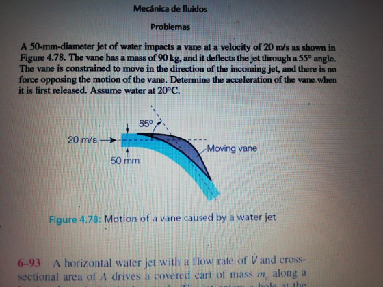 Mecánica de fluidos Problemas A 50-mm-diameter jet of water impacts Figure 4.78. The vane has a mass of 90kg, and it deflects