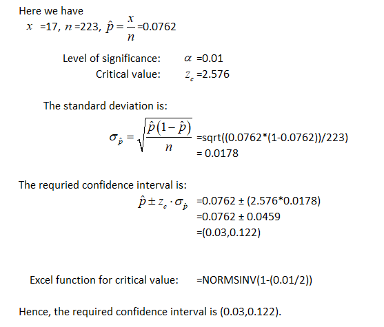 Here we have x -17, n-223, /p--0.0762 Level of significance α=0.01 : Critical value: 2.576 The standard deviation is: POP σ,-