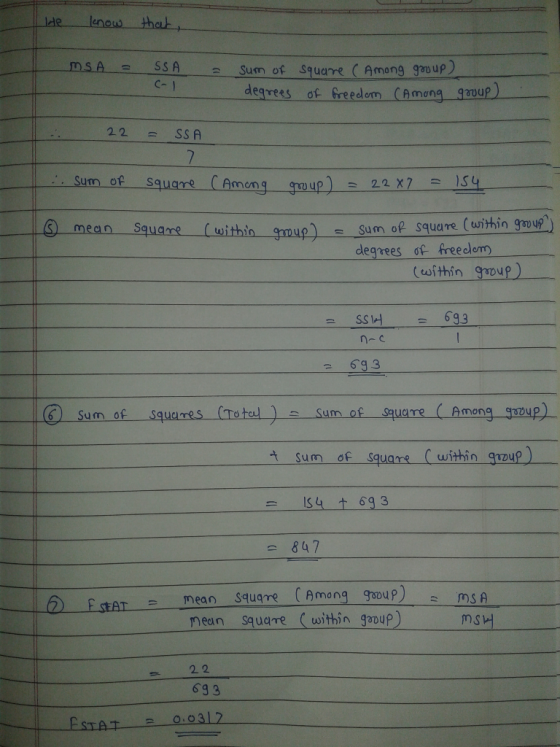 lenow that lde MSA SSA Sum of Square (Among guup C-1 degrees of freedom (Among gauup 22 SSA Sum of square (Ameng goup) 1S4 22