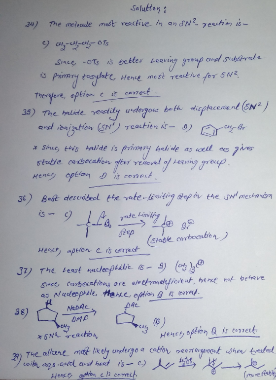 Solution The molecule most reactive in an8N7eection 1s 34) Q OTs Leaving grep and sutrate Hence mest reective for SN2 Since -