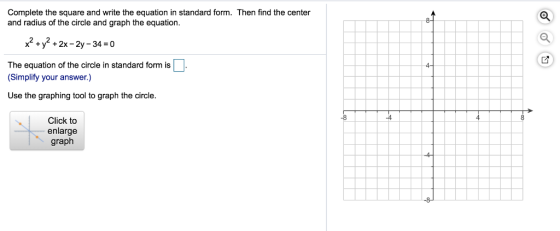 Complete the square and write the equation in standard form. Then find the center and radius of the circle and graph the equa