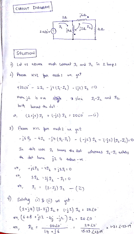 CIRCUIT DiAGRAM 6.2 2n SOLUTION 2 mash 2 get 20 Lo 5.23 223.1 20 LD 1-31 /-23.19 2.