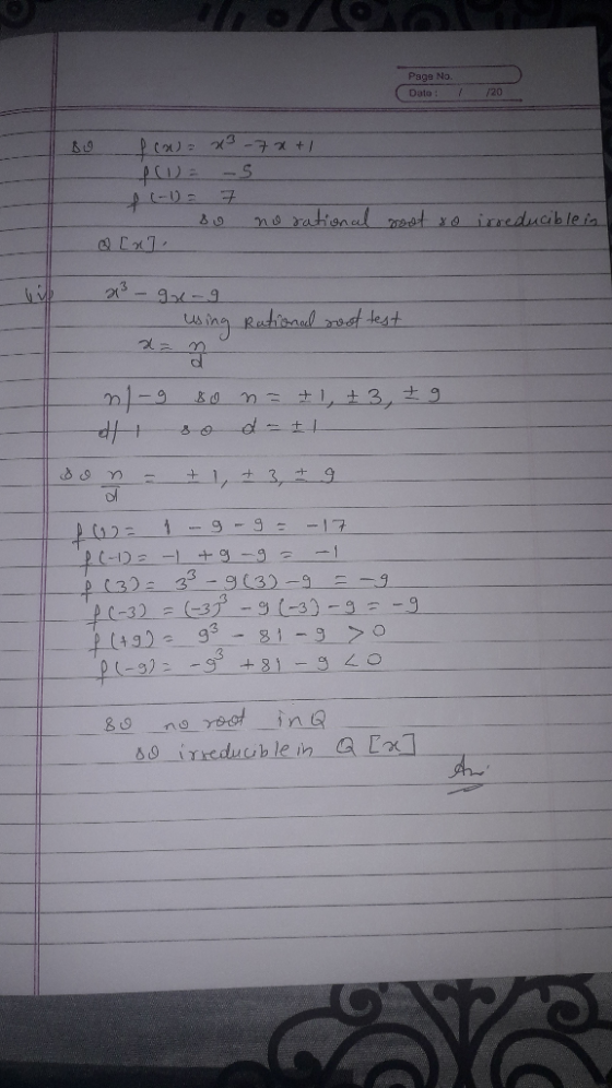 Page No. 20 Dato /+ xt- ne rational 2at xo ireduciblein 2-9-9 s ing Retinad nt lest d -t + 1, + 3 9 2M 1- 9-9- eC-DEIL+g-g -1