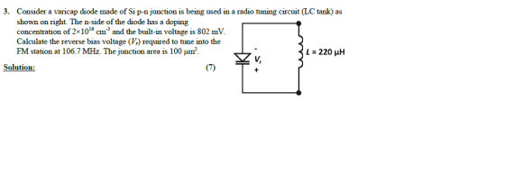 3. Consider a varicap diode made of Si p-n junction is being used in a radio tuning circuit (LC tank) as shown on right. The