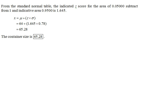 From the standard normal table, the indicated z score for the area of 0.05000 subtract from 1 and indicative area 0.9500 is 1