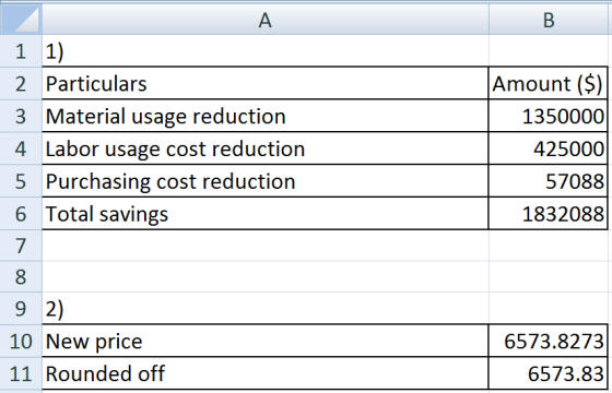 2 Particulars 3 Material usage reduction 4 Labor usage cost reduction 5 Purchasing cost reduction 6 Total savings Amount (S)