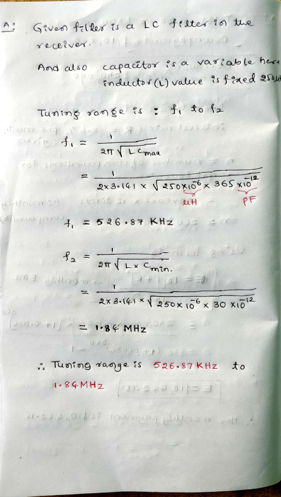 Giveo frlfes is a LC feites the eceiver capacitor s a varab le her And also tnducto () valuue s fred 2su fi to fa Tuntn range