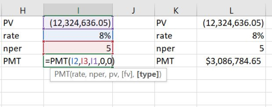 H J K L (12,324,636.05) (12,324,636.05) PV PV 8% 8% rate rate nper nper =PMT(12,13,1,0,0) $3,086,784.65 PMT PMT PMT(rate, npe