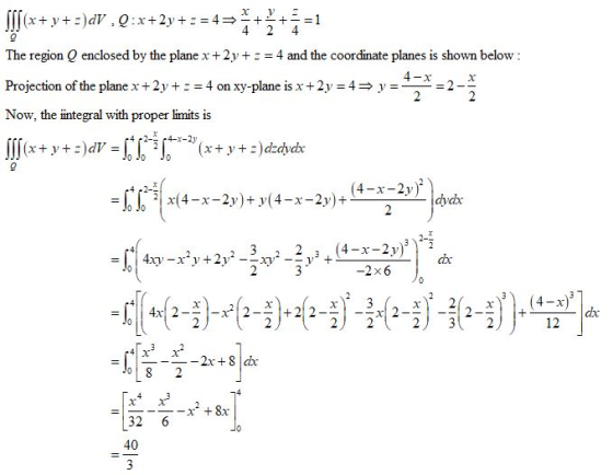 y dV , Q:x+2y+ z = 4 + +1 4 2 4 The region Q enclosed by the plane x + 2y+ 4 and the coordinate planes is shown below 4-x =2