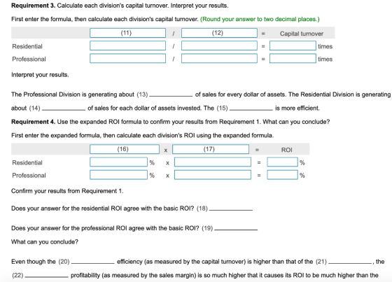 Requirement 3. Calculate each divisions capital turnover. Interpret your results First enter the formula, then calculate eac