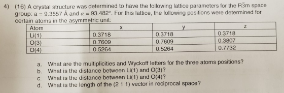 (16) A crystal structure was determined to have the following lattice parameters for the R3m space group: a 9.3557 A and a 93