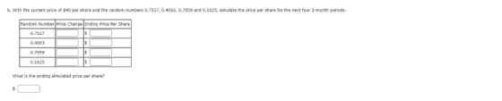 b. With the current price of $40 per share and the random numbers 0.7537, 0.4063, 0.7059 and 0.1625, simulate the price per s