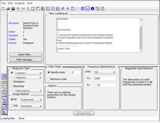 File Edit Analysis View Filter Coefficients umera Structure: Direct-Form II Second-Order Sections Order 1.9111970674260732039