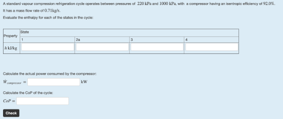 A standard vapour compression refrigeration cycle operates between pressures of 220 kPa and 1000 kPa, with a compressor havin