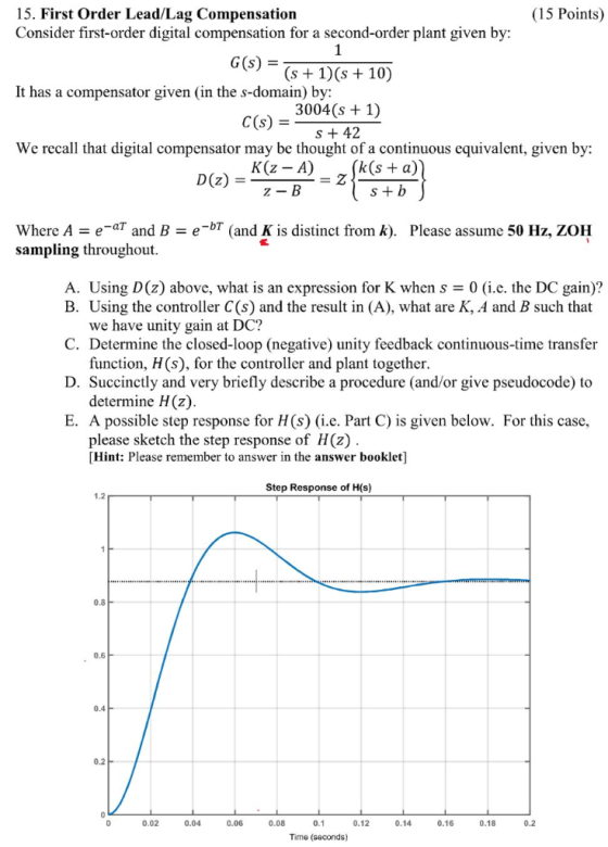 (15 Points 15. First Order Lead/Lag Compensation Consider first-order digital compensation for a second-order plant given by: