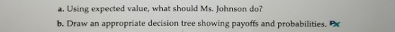 Using expected value, what should Ms. Johnson do? a. b. Draw an appropriate decision tree showing payoffs and probabilities.
