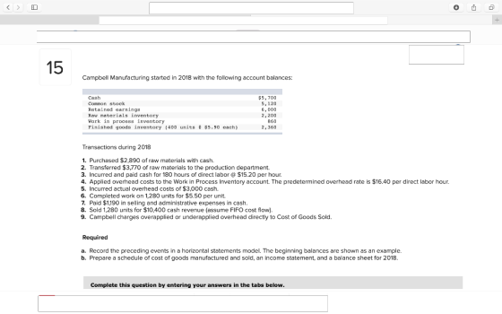 15 Campbell Manufacturing started in 2018 with the following account balances: Cash $5,700 5,120 6, 000 2,200 Common stock Re