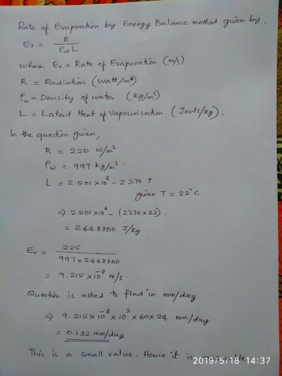 ot Evoprotom by Energy Balance metfod guren by co abora Radiation (watt/ma r.-Den sity 알water (kg/v) uisoton Joude In the 9ae