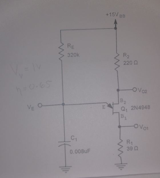 +15V BB RE R2 320k 220 OVO2 h=0.65 B2 Q1 2N4948 B1 VE OVot C1 R1 39Q 0.008uF