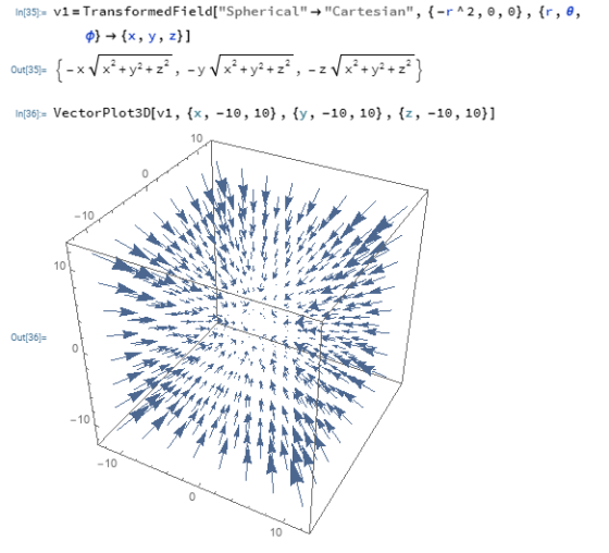 In1351- v1 TransformedField[SphericalCartesian, {-r^2,0,0}, {r,e, p}{x, y, z} *V+y?+z? - zx Out[35= - X 1 -Y 1 In[361= Ve