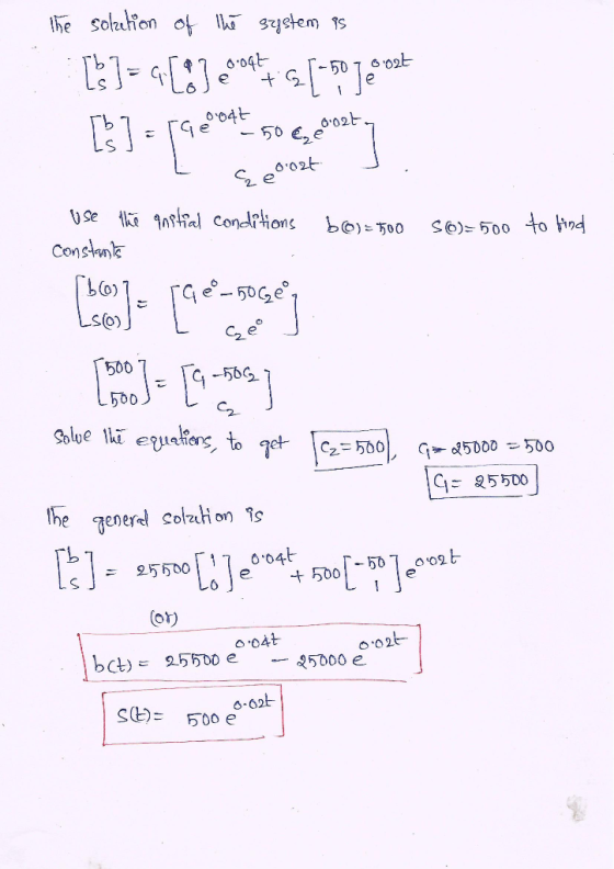 the solttion o system s 004t 50 7 02E 002t Ge .02t Se al condiions b©)=500 SO)500 to find Constauls S(0) 500 566 L500 C2 Sol