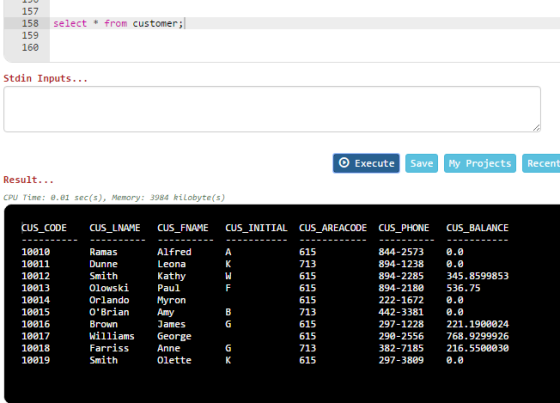157 158 select from customer; 159 160 Stdin Inputs... O Execute Save My Projects Recent Result... CPU Time: 8.81 sec(s), Memo