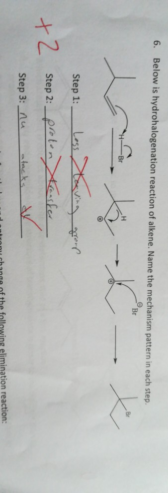 6. Below is hydrohalogenation reaction of alkene. Name the mechanism pattern in each step. Br Br H Br - Step 1: Less +2 protn