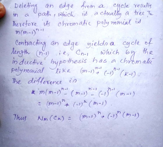 dge rom path 1which Thexetore s chromatic Poly momial id Ddeing a cycle resulk a tree Tn ctualy an in a m(m-) Contachng an ad