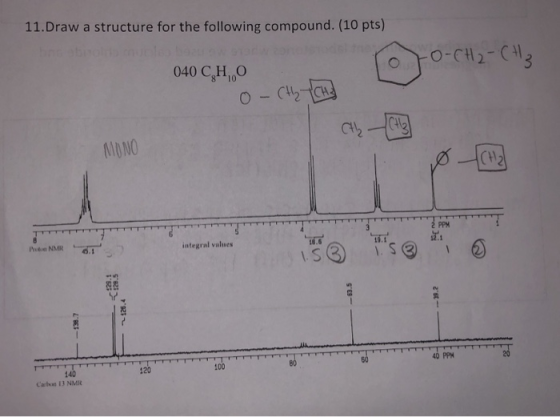 11.Draw a structure for the following compound. (10 pts) O-CH2-C 3 040 C.HO 0-ClhCH MONO 2 PPM 3 12.1 10.6 integral values Po